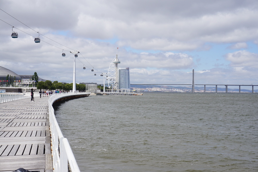 La promenade en bord de Tage avec la tour et le pont Vasco de Gama au fond